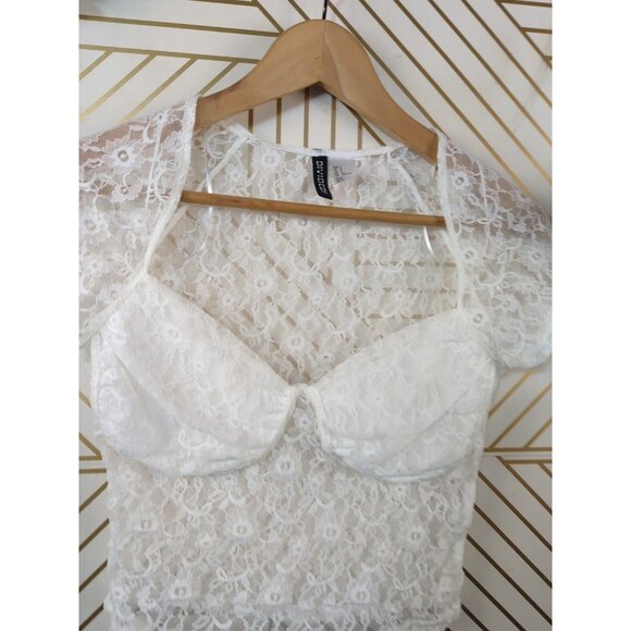 H&M Women's Lace Top White Corset See Through Short Sleeve Size Small - Picture 2 of 6